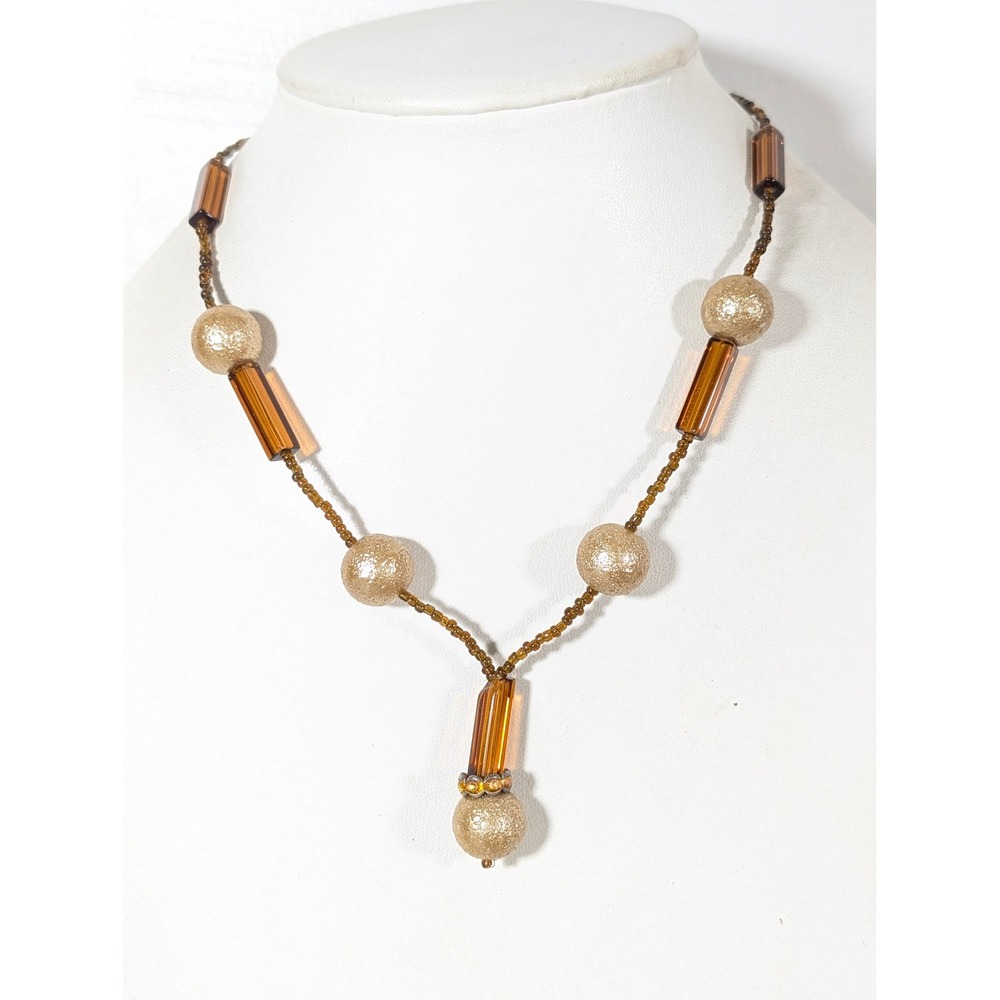Vintage Amber Glass and Lucite Y Drop Necklace Gold Tone 18"